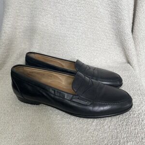 $750 Santoni Solid Black Penny Loafers‎ Leather Shoes Men's Size 10.5 FLAWED